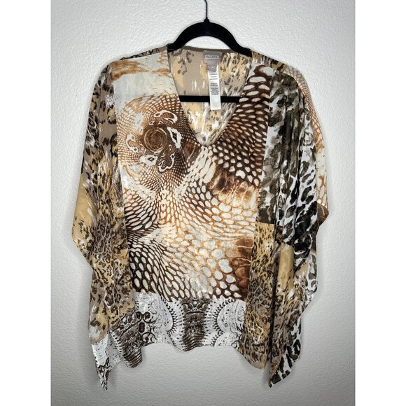 Chico's Shirt Womens L/XL Brown Beige Animal Print Poncho Sheer V-Neck Flowy Top - Picture 1 of 5